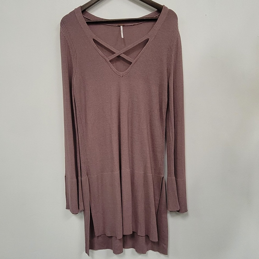 Free People Womens Textured Bell Sleeve Strappy V Neck Dress Size‎ L Mauve Boho